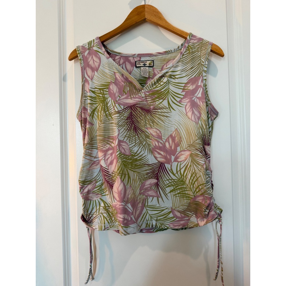 Caribbean Joe Womens Medium Pink Green Tropical Palm Leaf Ruched Side Tie Tank